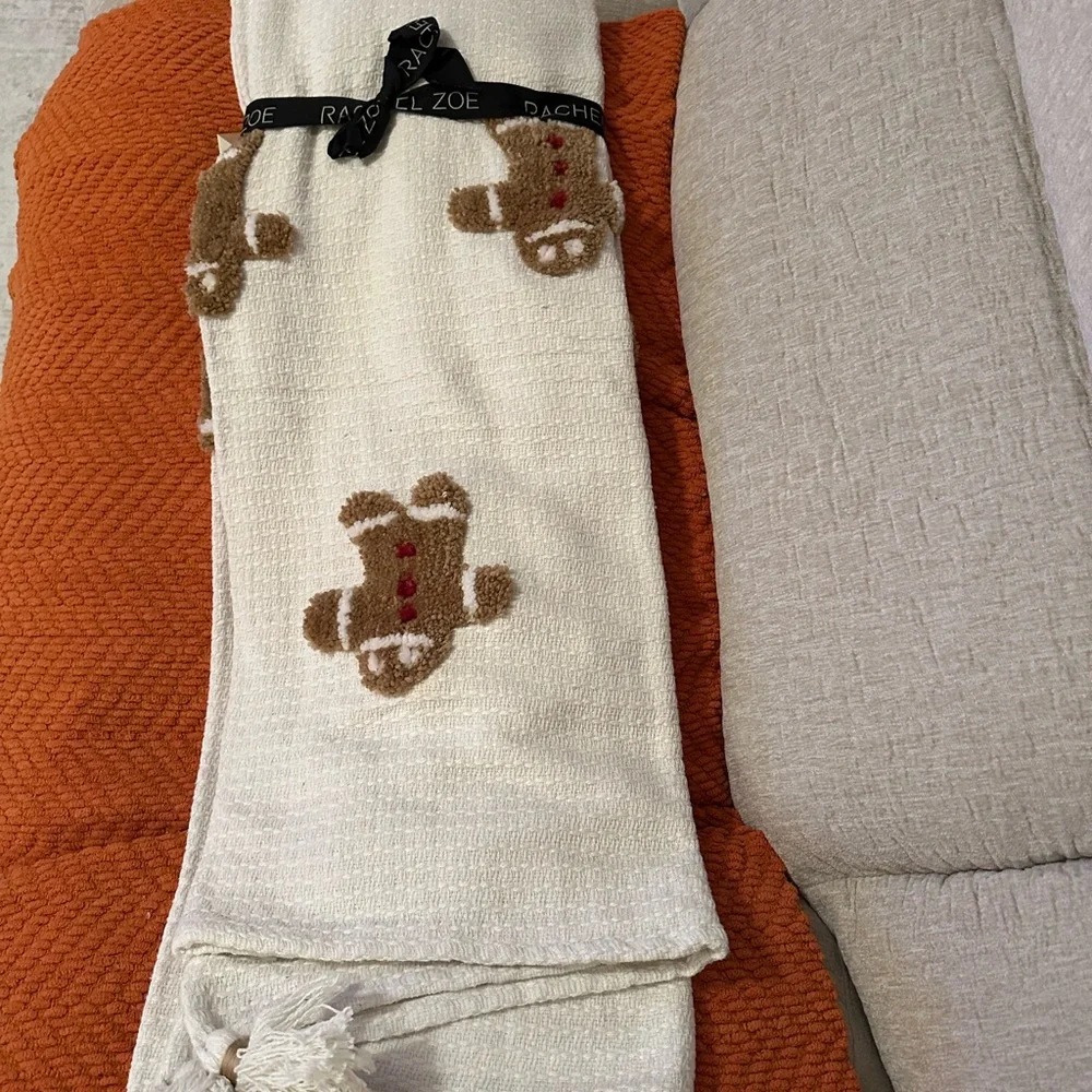 Rachel Zoe White and Brown Holiday Blanket with Gingerbread Man Design